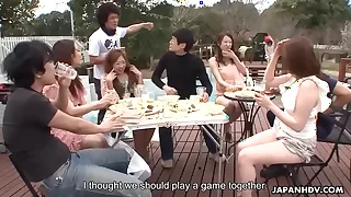 Summer Asian girls sucking on cocks in get under one's sunny outdoors